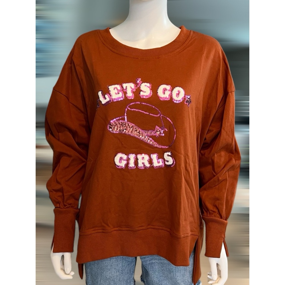 FANTASTIC FAWN let’s go girls oversized rust pull over S M L - Picture 7 of 8
